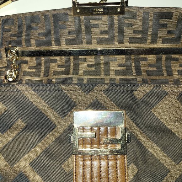 Authentic Fendi Tobacco Zucca Canvas and Leather Maxi Baguette Flap Shoulder Bag - Picture 7 of 12